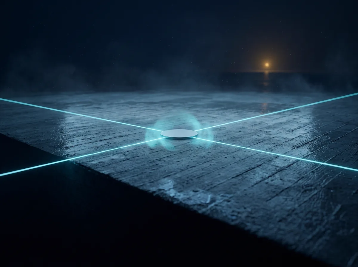A survey marker on bare wet concrete at night, with two laser lines crossing over it and one distant light on the horizon.