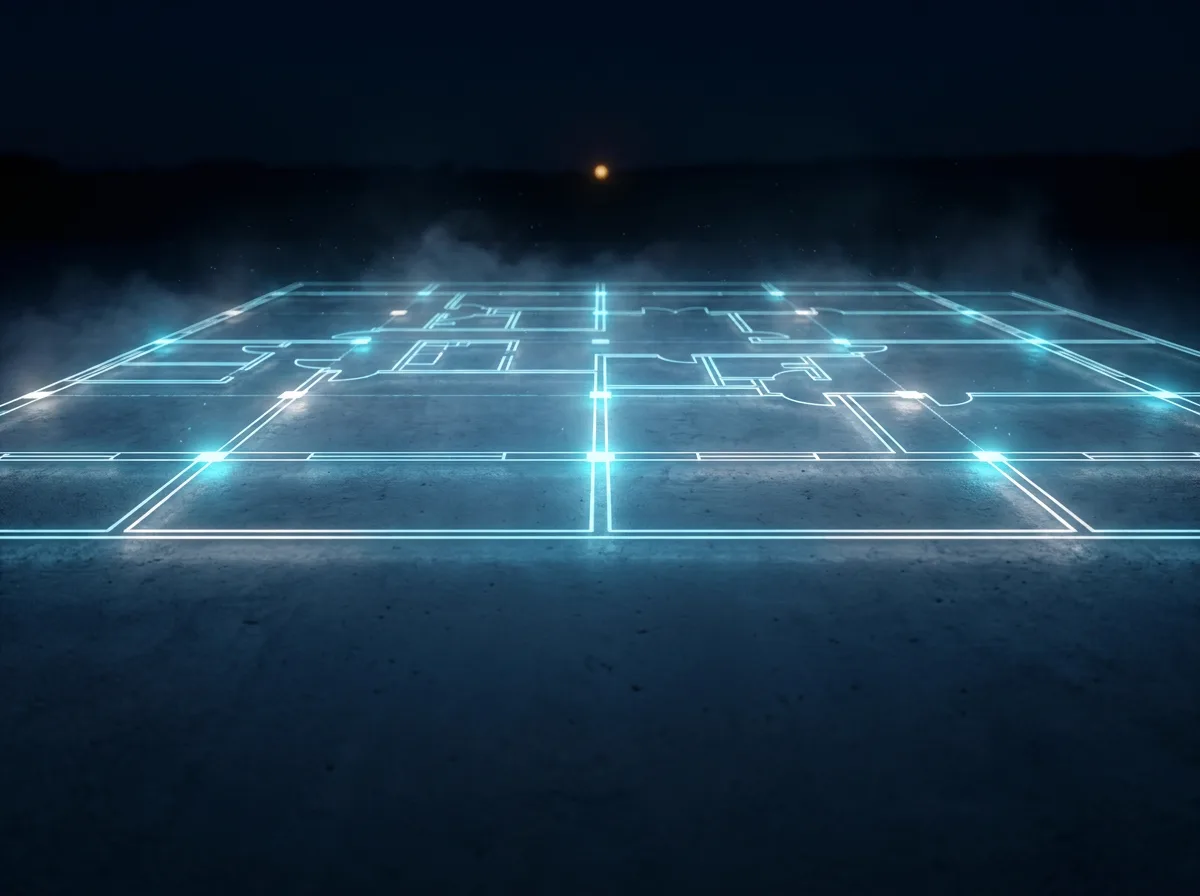 A complete floor plan drawn in glowing lines across bare concrete at night.