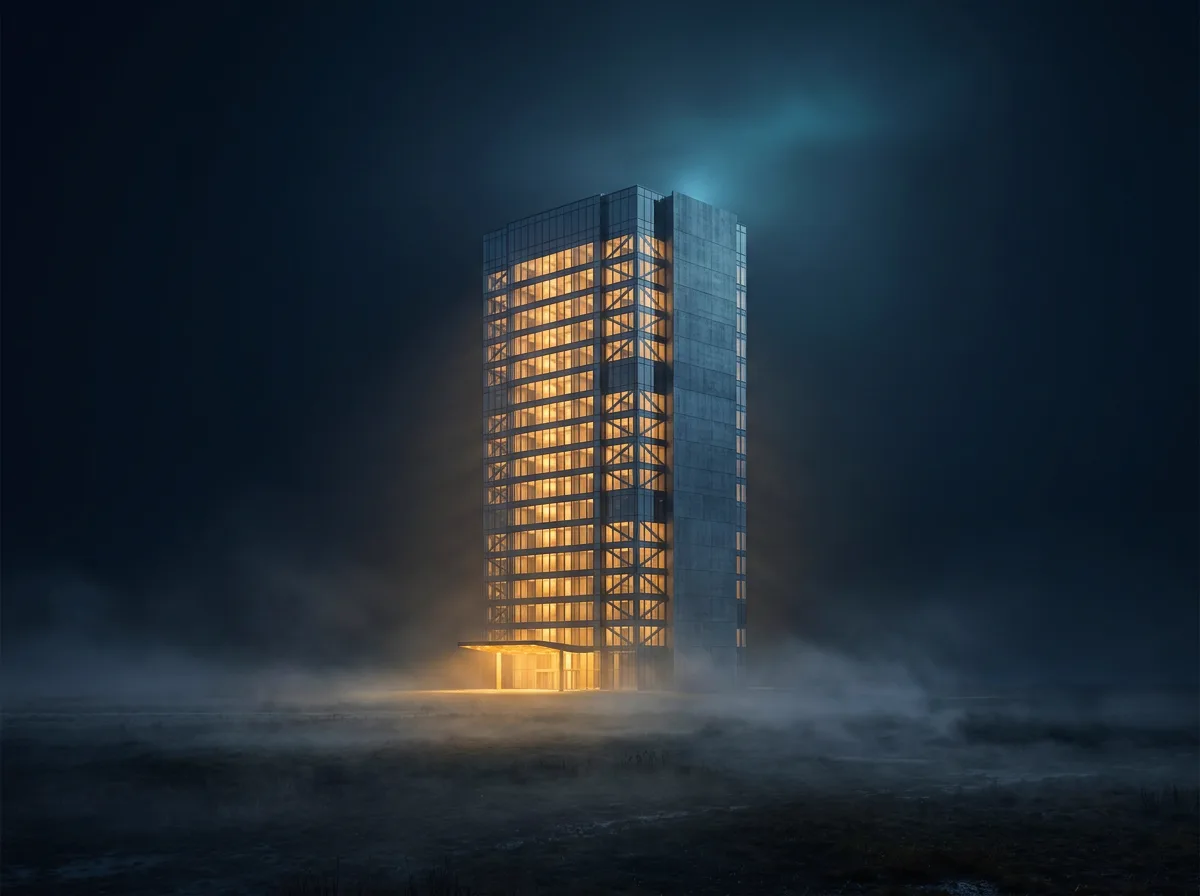 The finished building standing alone in the mist at night, every window lit from inside.