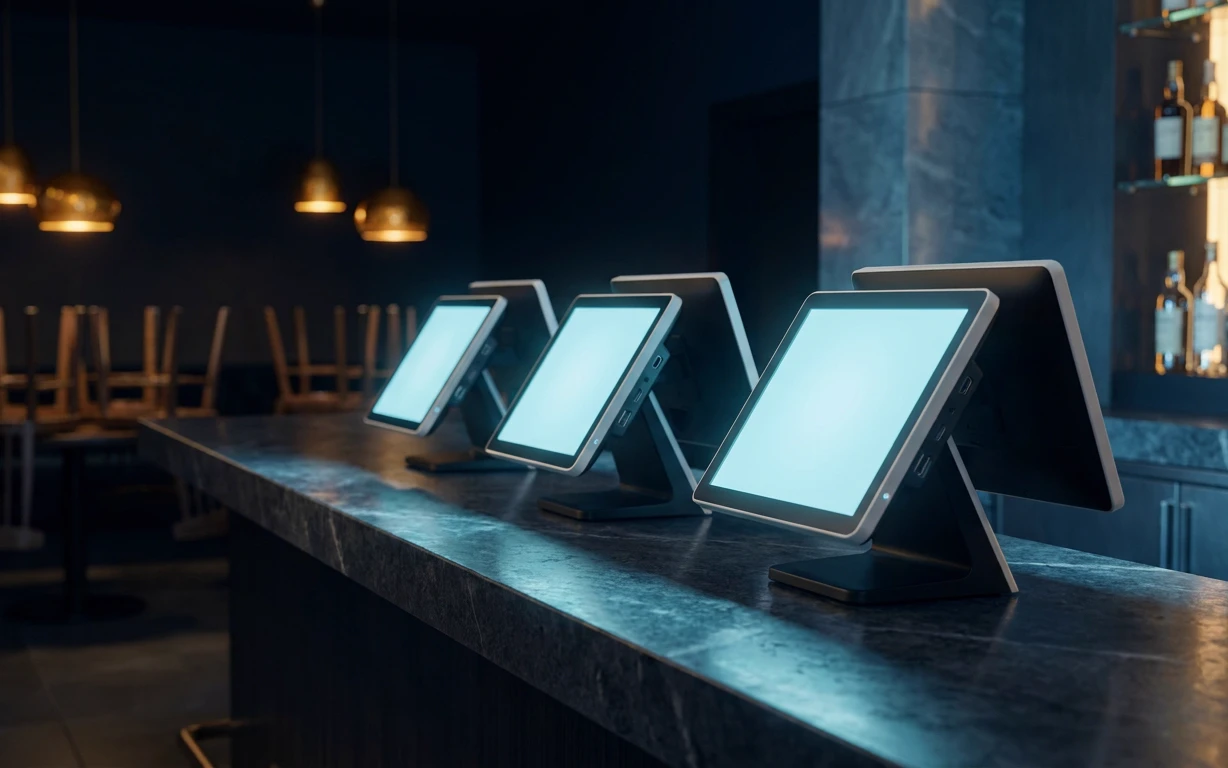 Three point-of-sale terminals glowing on a dark stone bar after closing, with the chairs turned up on the tables behind them.
