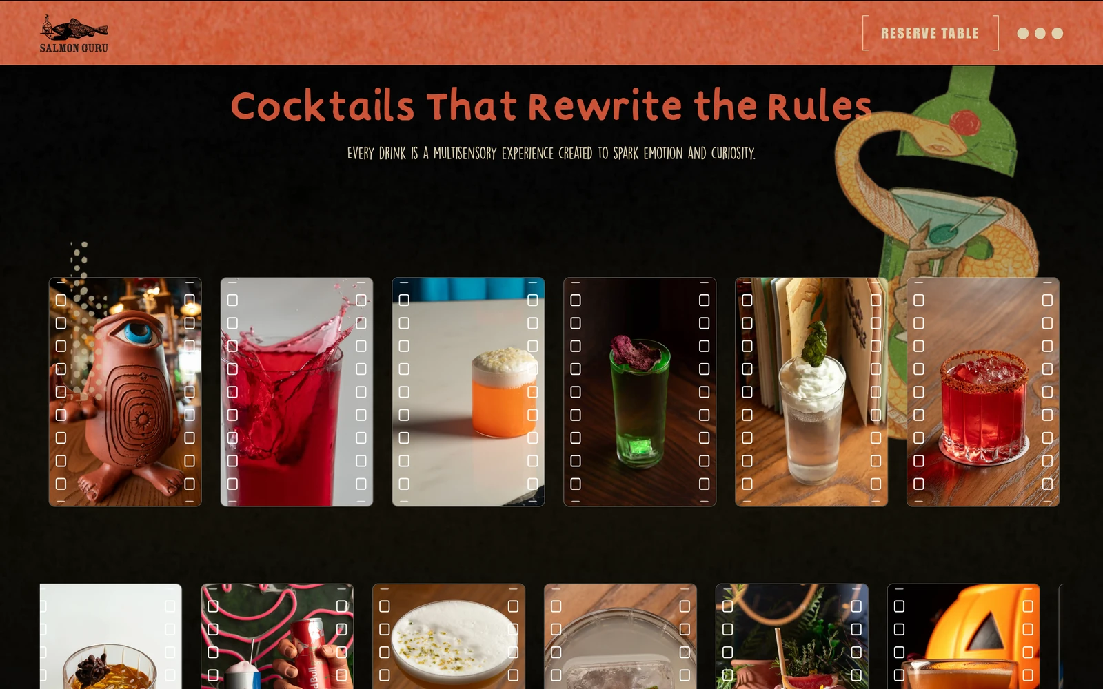 The cocktail section of the Salmon Guru Dubai website: drinks shown in film-strip frames across two rows, under the heading Cocktails That Rewrite the Rules.