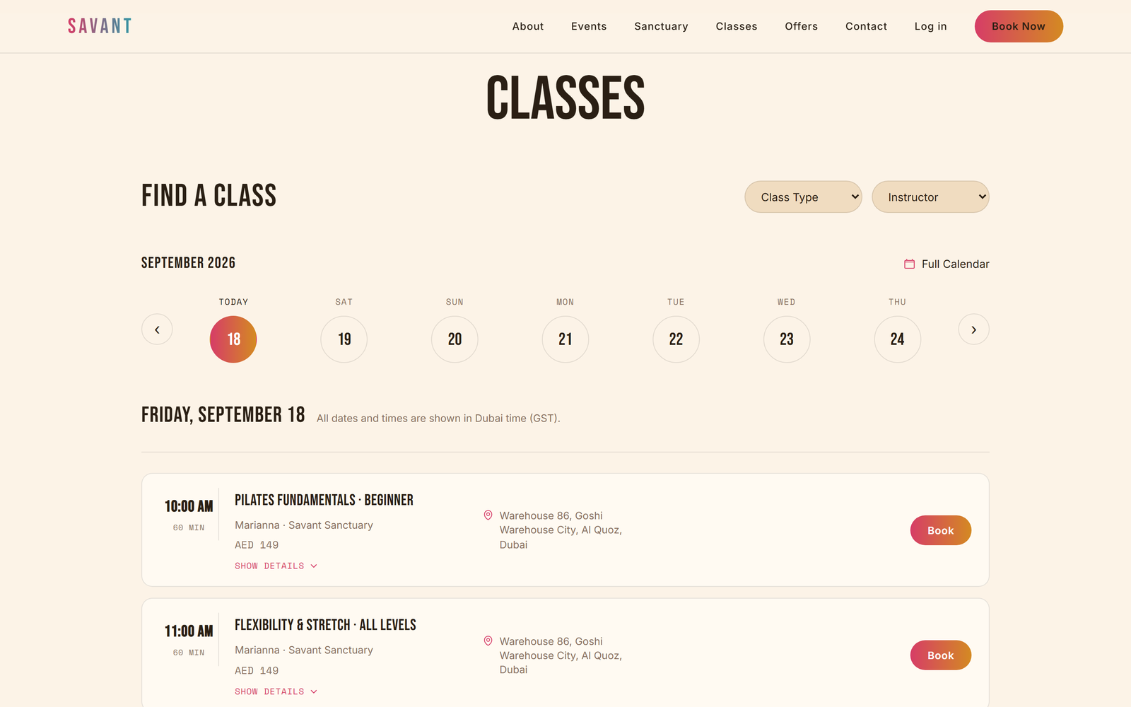 The class schedule on the Savant website: filters for class type and instructor, a date strip starting today, and bookable classes each showing time, instructor, price and a Book button.